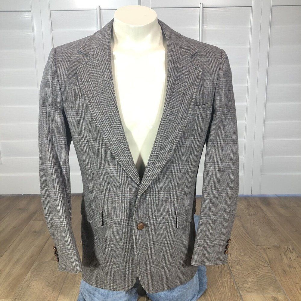 Vtg John Weitz Men's L Plaid Wool 2 Button Blazer Jacket Sport Coat Brown Tan